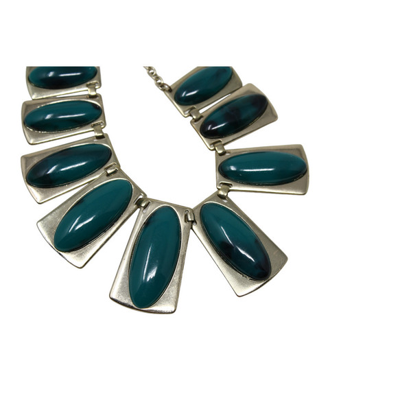 Vintage Mod Deco Silver and Green Medallion Statement Necklace 18" Long -Hey Viv - Picture 2 of 5